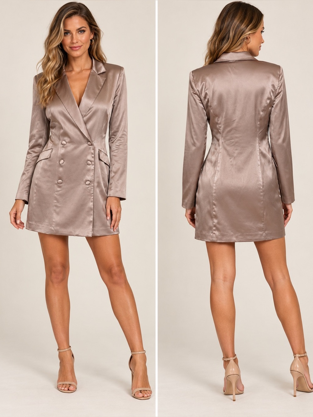 Amanda Uprichard Taupe Satin Double-Breasted Blazer 100% Silk
